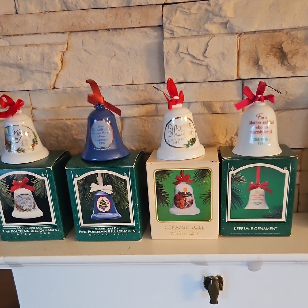 Hallmark Keepsake Set of 4 Mother and Dad Bell Ornaments. 1984,1986,1987,1988
